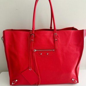 BALENCIAGA Veau Papier Zip Large Leather Tote in Rouge Coquelicot Red